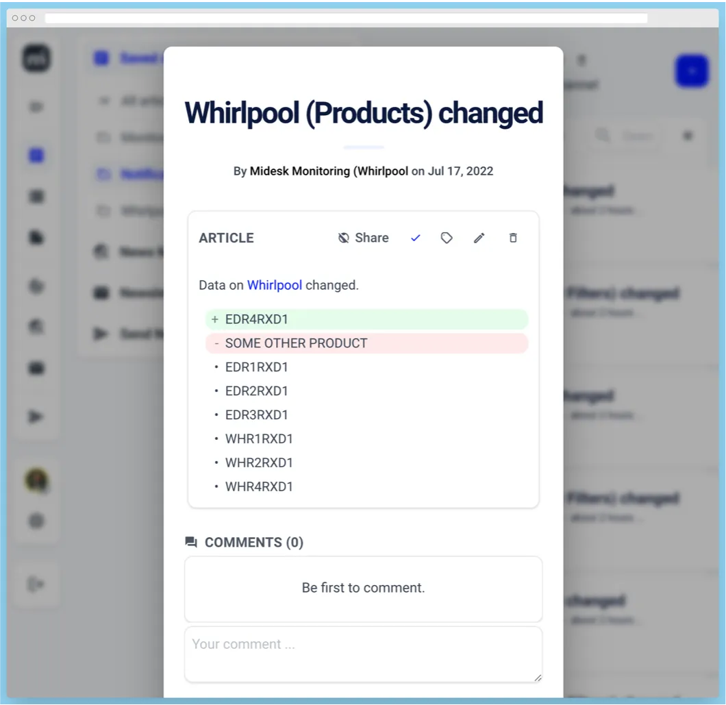 Website change notification: monitoring JSON and complex objects