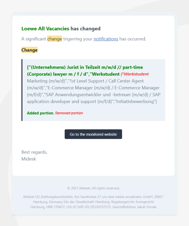 Website change notification: monitoring text